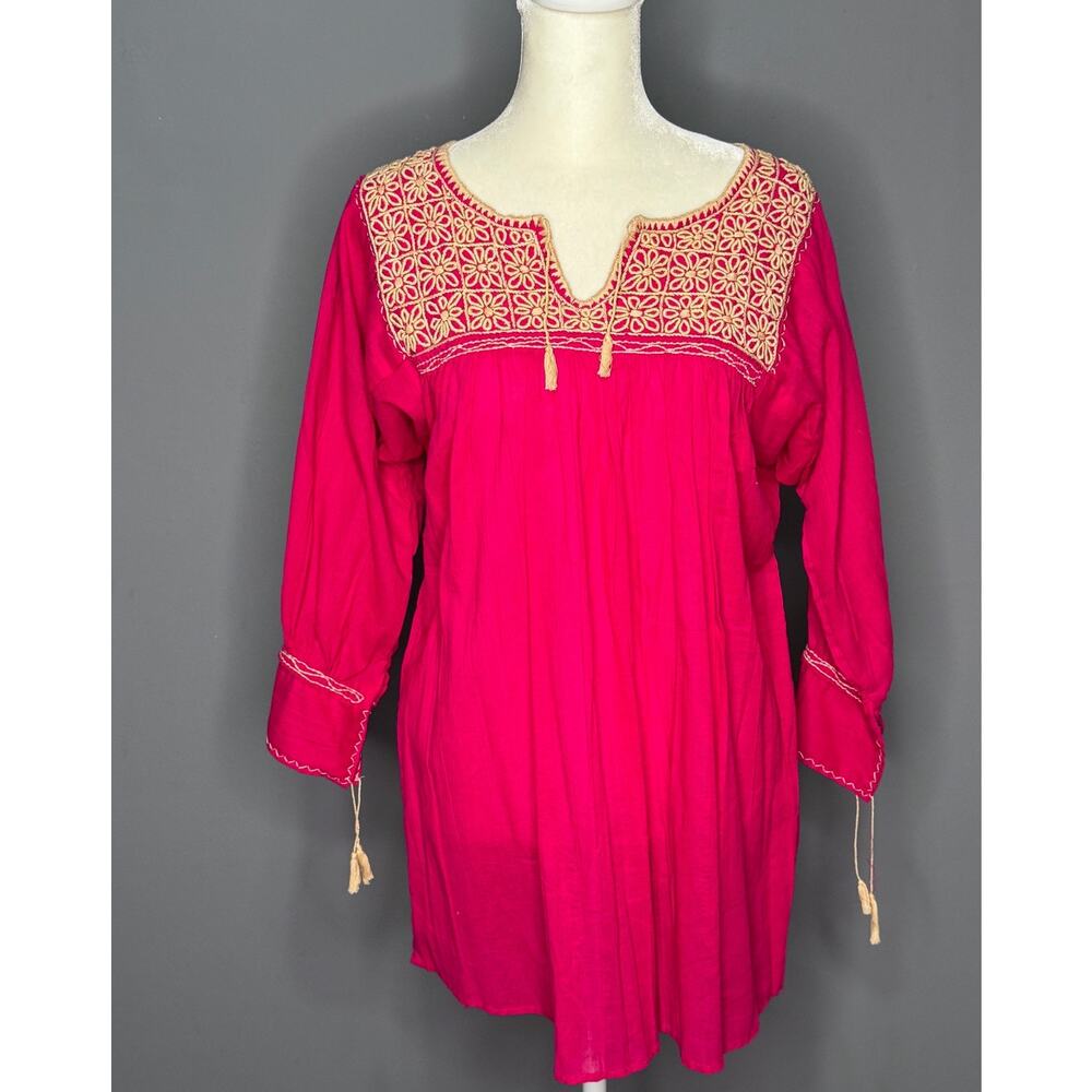 Natural Dye Manta with Rococo Embroidery Stitch Blouse Size: Small